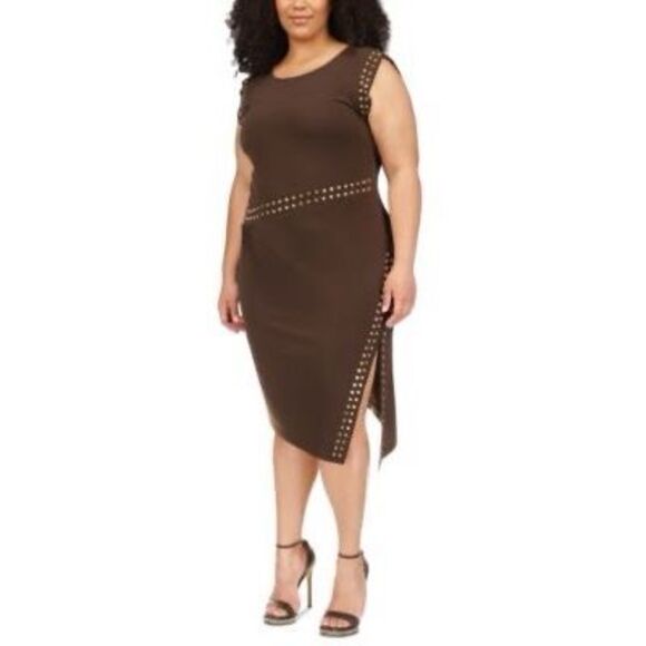 NWT MICHAEL Michael Kors chocolate color Astor studded side slit midi dress  Siz - Picture 1 of 7